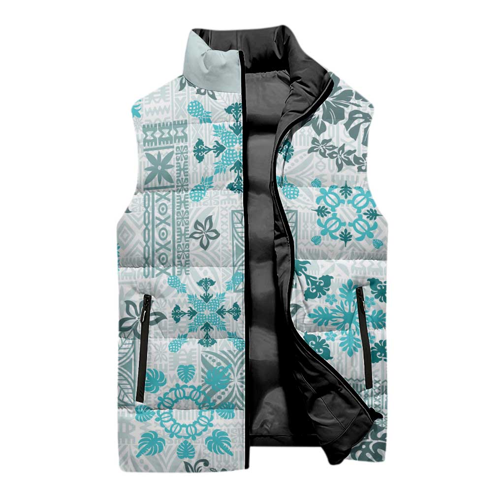 Hawaii Tapa Tribal Sleeveless Puffer Jacket With Hawaiian Quilt Pattern Aqua - Polynesian Pride