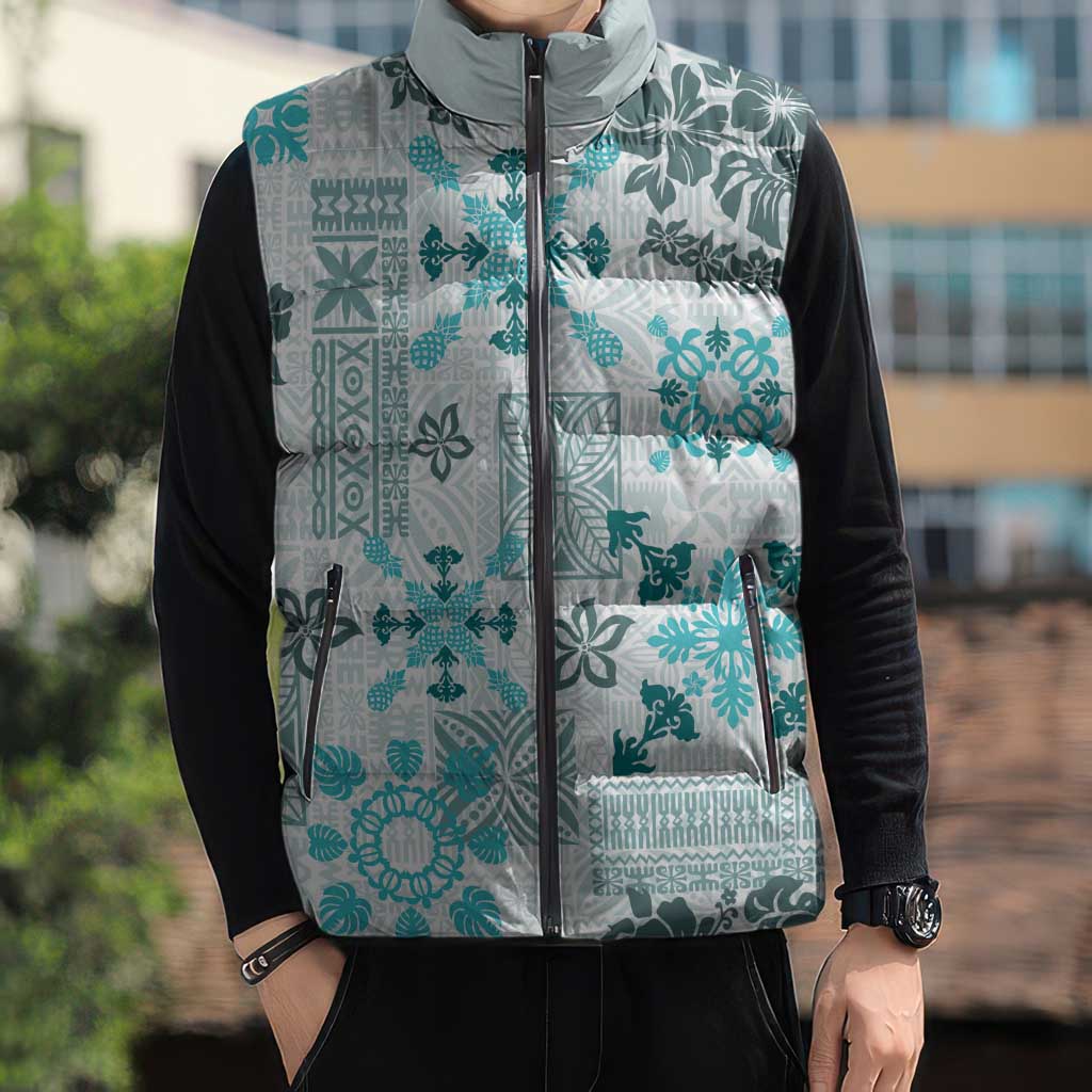 Hawaii Tapa Tribal Sleeveless Puffer Jacket With Hawaiian Quilt Pattern Aqua - Polynesian Pride