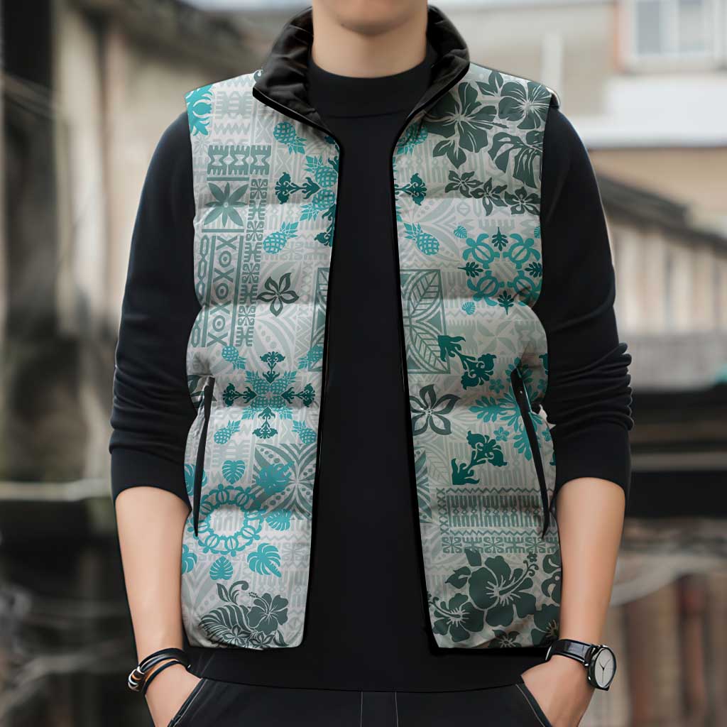 Hawaii Tapa Tribal Sleeveless Puffer Jacket With Hawaiian Quilt Pattern Aqua - Polynesian Pride