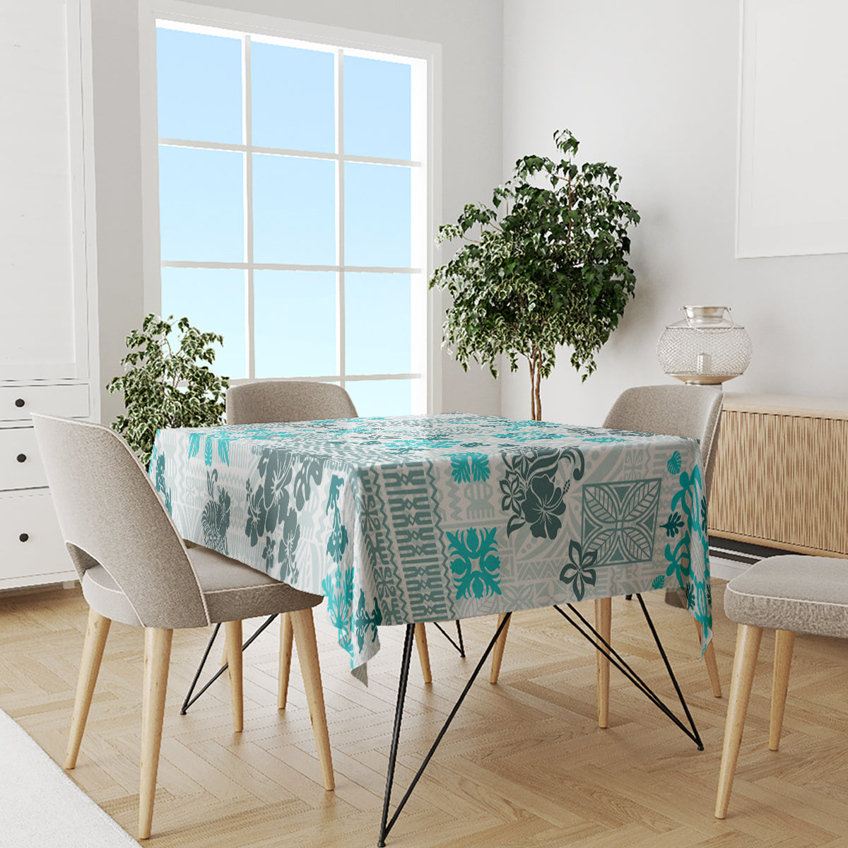 Hawaii Tapa Tribal Tablecloth With Hawaiian Quilt Pattern Aqua LT9 - Polynesian Pride