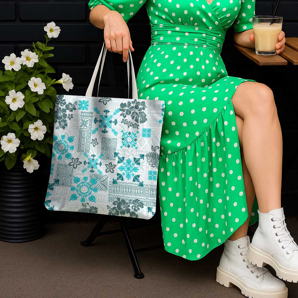 Hawaii Tapa Tribal Tote Bag With Hawaiian Quilt Pattern Aqua - Polynesian Pride