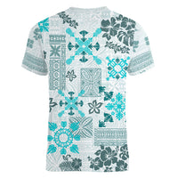 Hawaii Tapa Tribal Women V Neck T Shirt With Hawaiian Quilt Pattern Aqua LT9 - Polynesian Pride