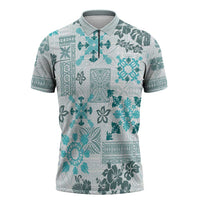 Hawaii Tapa Tribal Zipper Polo Shirt With Hawaiian Quilt Pattern Aqua - Polynesian Pride