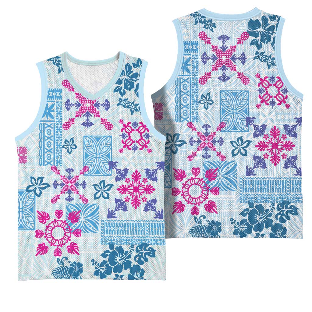 Hawaii Tapa Tribal Basketball Jersey With Hawaiian Quilt Pattern Blue - Polynesian Pride