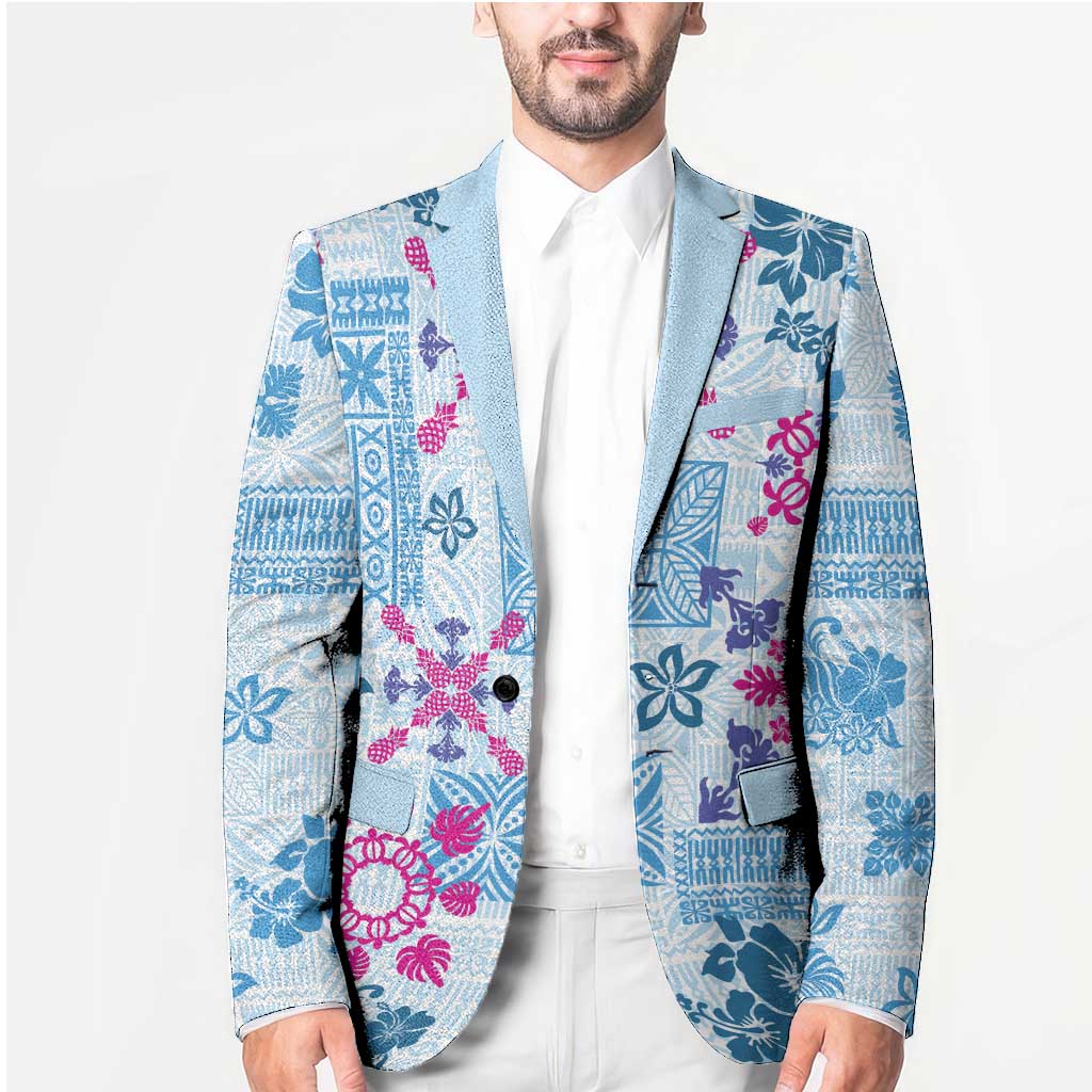 Hawaii Tapa Tribal Blazer With Hawaiian Quilt Pattern Blue LT9 - Polynesian Pride