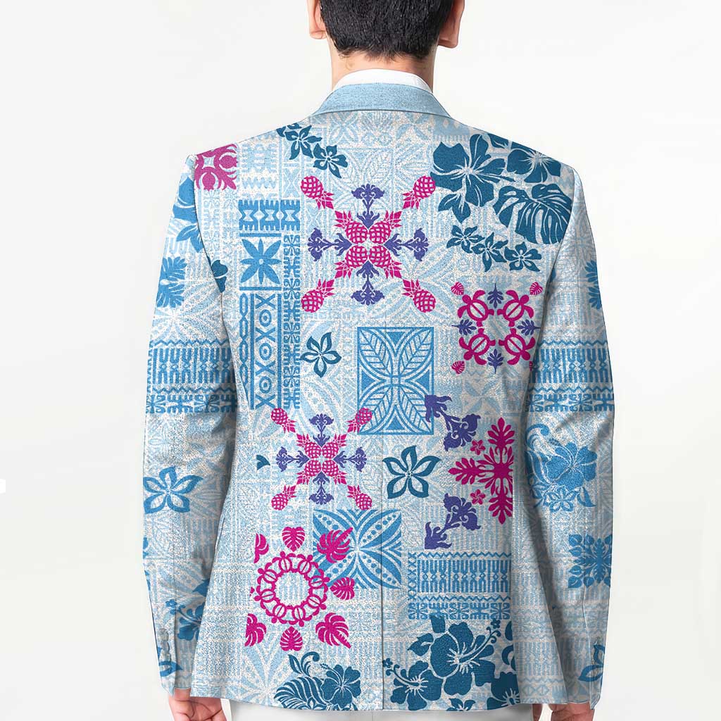 Hawaii Tapa Tribal Blazer With Hawaiian Quilt Pattern Blue LT9 - Polynesian Pride