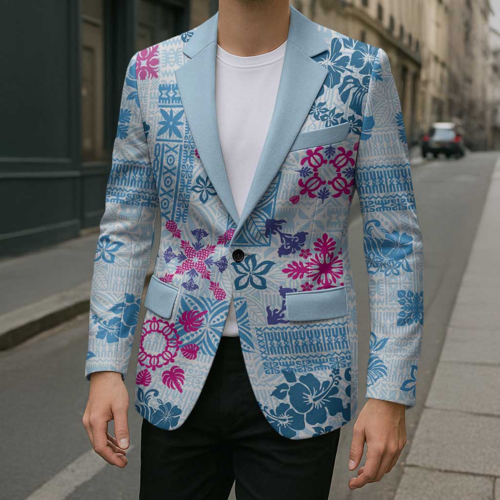 Hawaii Tapa Tribal Blazer With Hawaiian Quilt Pattern Blue LT9 - Polynesian Pride