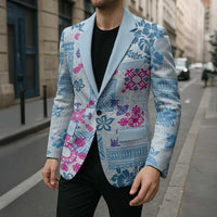 Hawaii Tapa Tribal Blazer With Hawaiian Quilt Pattern Blue LT9 - Polynesian Pride