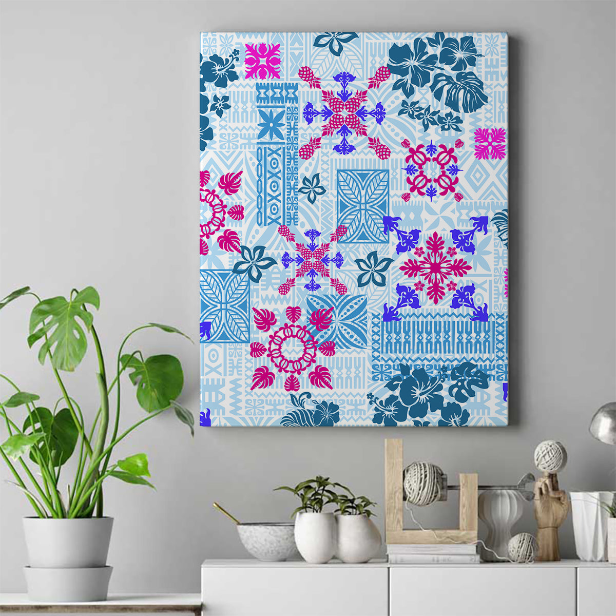 Hawaii Tapa Tribal Canvas Wall Art With Hawaiian Quilt Pattern Blue LT9 Blue - Polynesian Pride