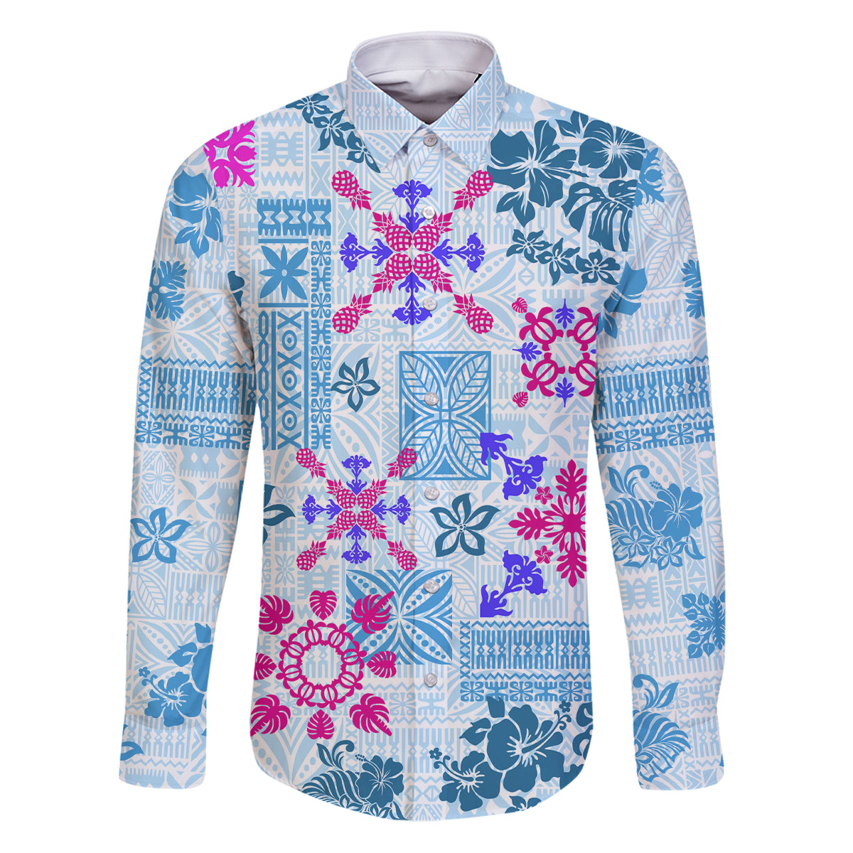 Hawaii Tapa Tribal Family Matching Puletasi Dress and Hawaiian Shirt With Hawaiian Quilt Pattern Blue LT9 Dad's Shirt - Long Sleeve Blue - Polynesian Pride