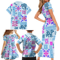Hawaii Tapa Tribal Family Matching Short Sleeve Bodycon Dress and Hawaiian Shirt With Hawaiian Quilt Pattern Blue LT9 - Polynesian Pride