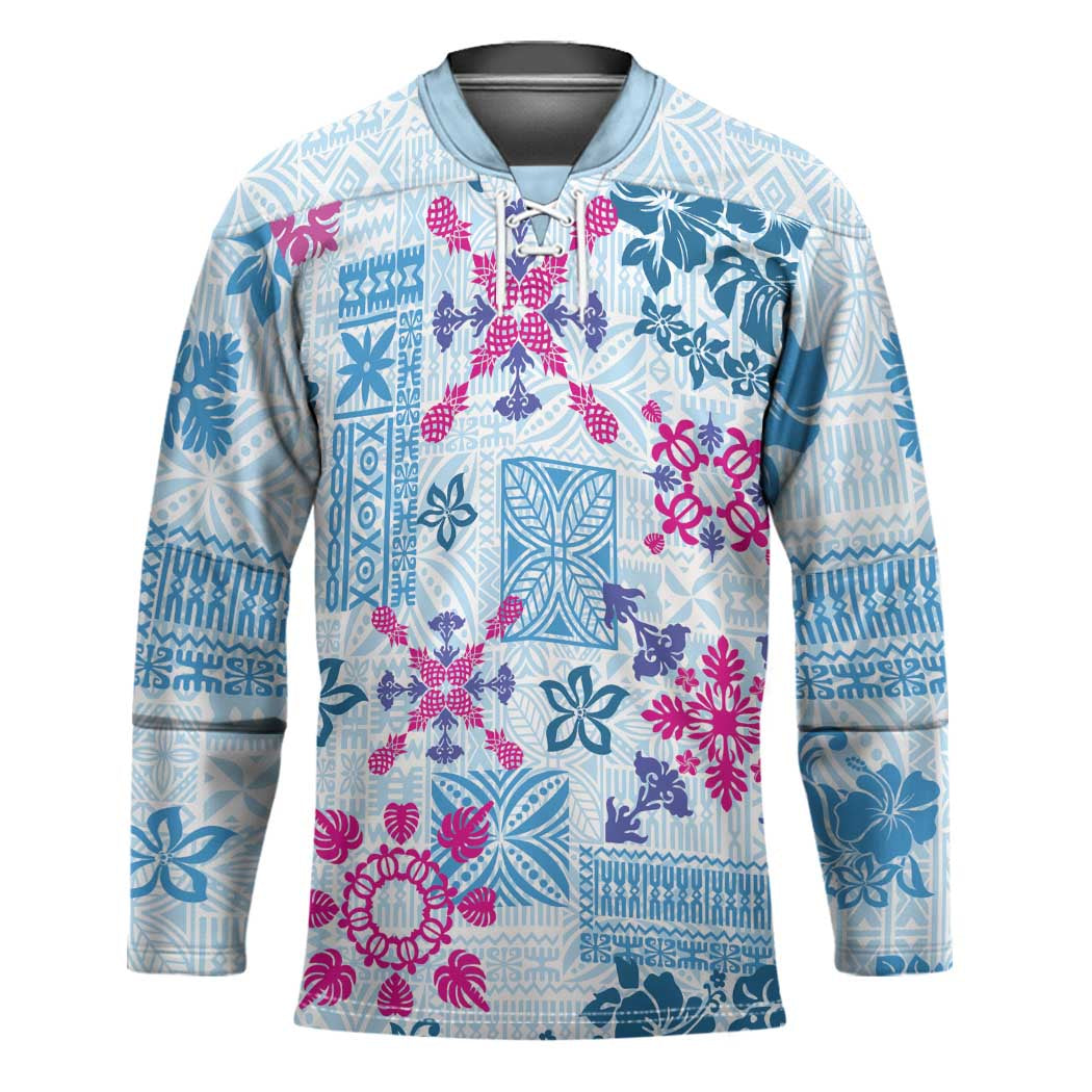 Hawaii Tapa Tribal Hockey Jersey With Hawaiian Quilt Pattern Blue LT9 Unisex Blue - Polynesian Pride
