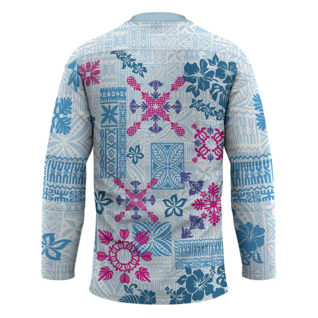 Hawaii Tapa Tribal Hockey Jersey With Hawaiian Quilt Pattern Blue LT9 - Polynesian Pride