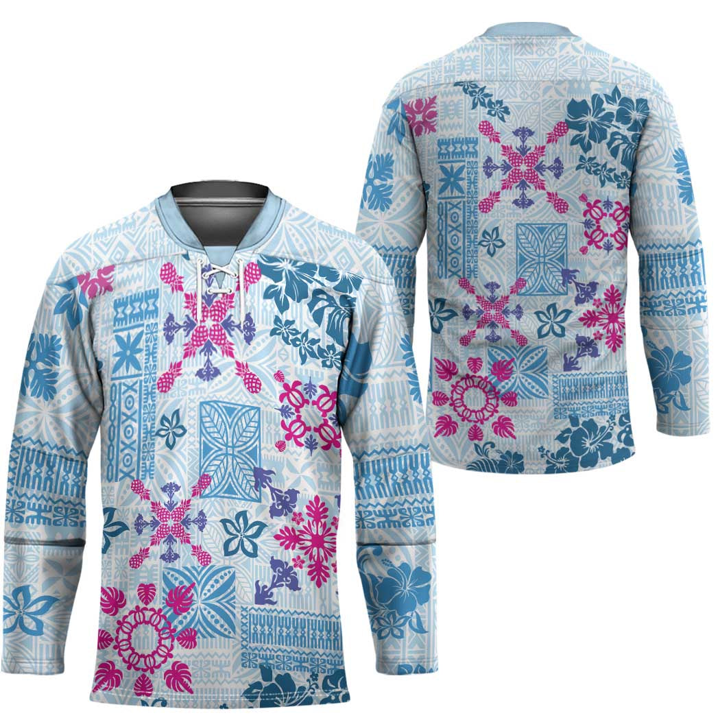Hawaii Tapa Tribal Hockey Jersey With Hawaiian Quilt Pattern Blue LT9 - Polynesian Pride