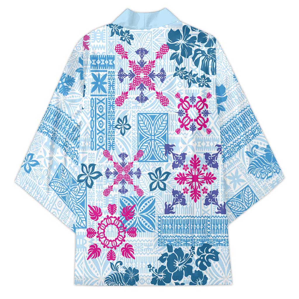 Hawaii Tapa Tribal Kimono With Hawaiian Quilt Pattern Blue LT9 - Polynesian Pride