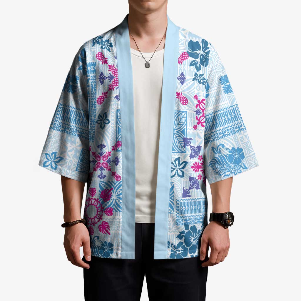 Hawaii Tapa Tribal Kimono With Hawaiian Quilt Pattern Blue LT9 - Polynesian Pride