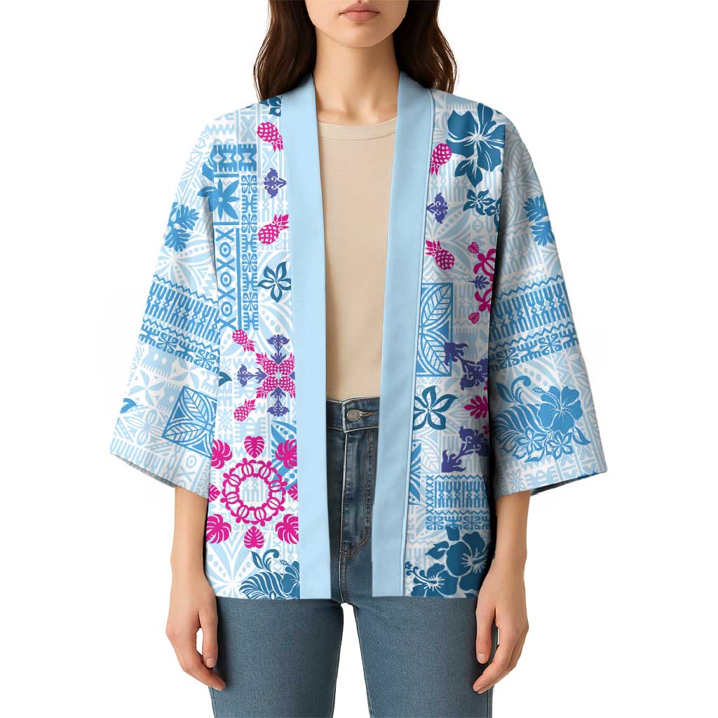 Hawaii Tapa Tribal Kimono With Hawaiian Quilt Pattern Blue LT9 - Polynesian Pride