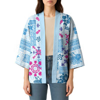 Hawaii Tapa Tribal Kimono With Hawaiian Quilt Pattern Blue LT9 - Polynesian Pride
