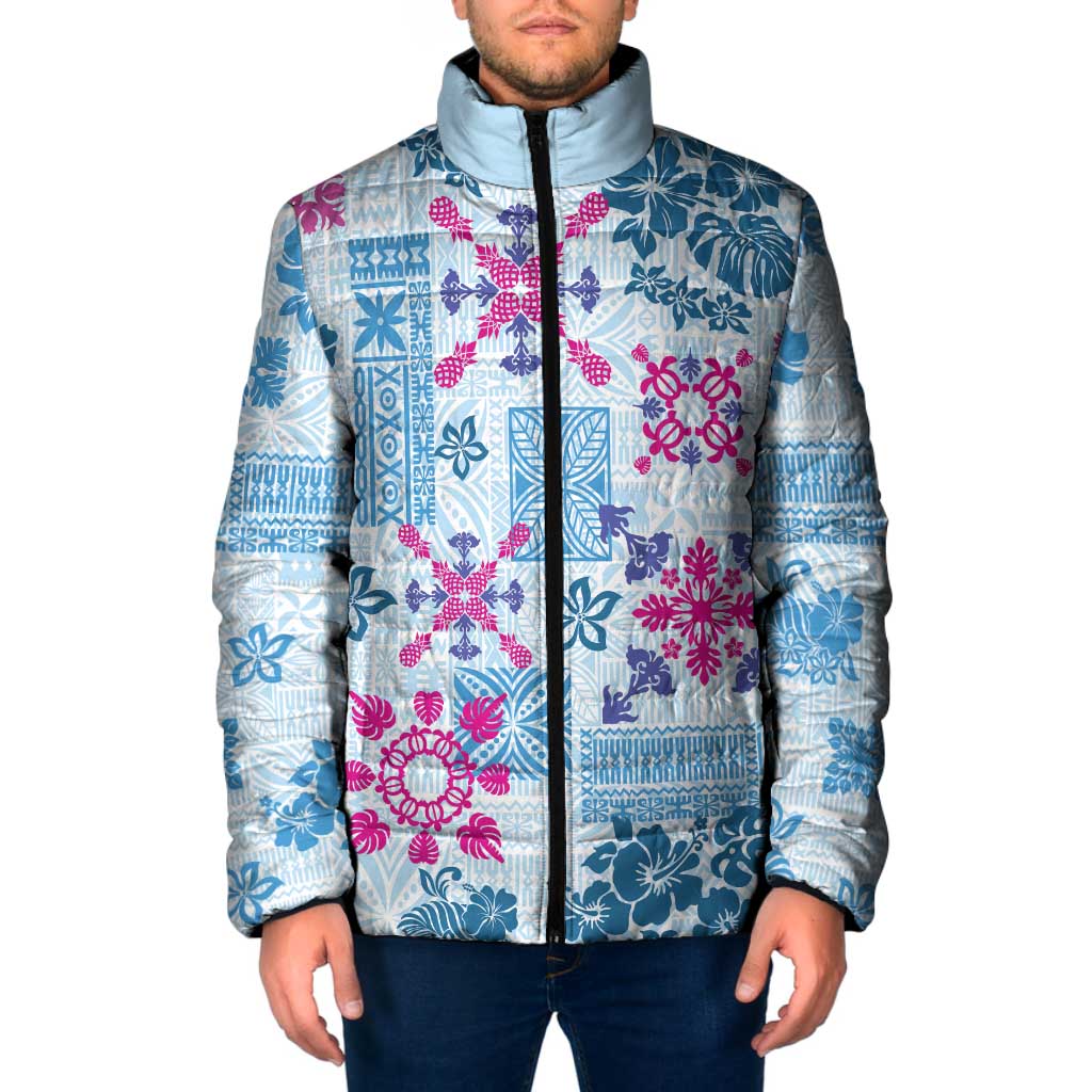 Hawaii Tapa Tribal Padded Jacket With Hawaiian Quilt Pattern Blue - Polynesian Pride