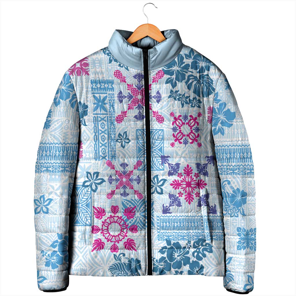 Hawaii Tapa Tribal Padded Jacket With Hawaiian Quilt Pattern Blue - Polynesian Pride