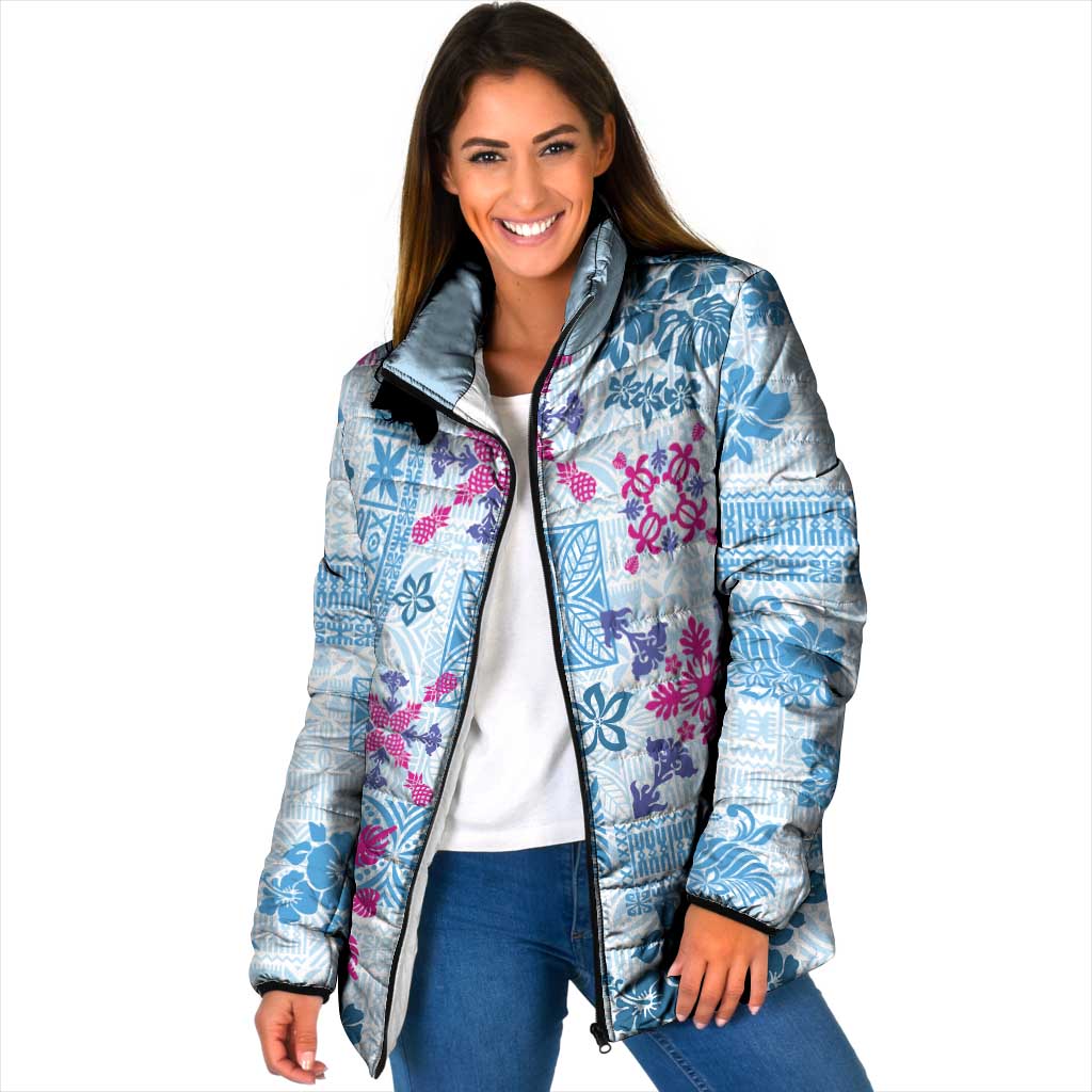 Hawaii Tapa Tribal Padded Jacket With Hawaiian Quilt Pattern Blue - Polynesian Pride