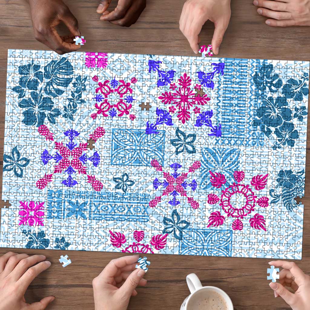 Hawaii Tapa Tribal Puzzle With Hawaiian Quilt Pattern Blue - Polynesian Pride
