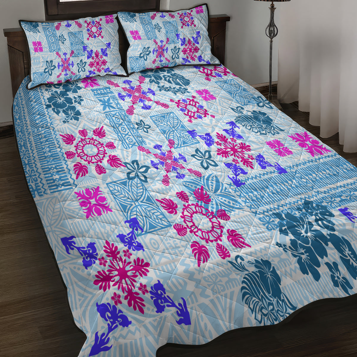 Hawaii Tapa Tribal Quilt Bed Set With Hawaiian Quilt Pattern Blue LT9 - Polynesian Pride