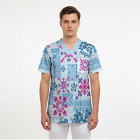 Hawaii Tapa Tribal Scrub Top With Hawaiian Quilt Pattern Blue - Polynesian Pride