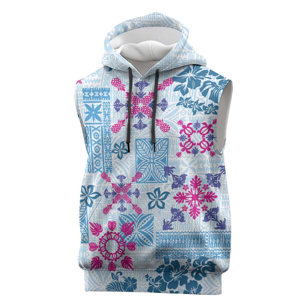 Hawaii Tapa Tribal Sleeveless Hoodie With Hawaiian Quilt Pattern Blue - Polynesian Pride