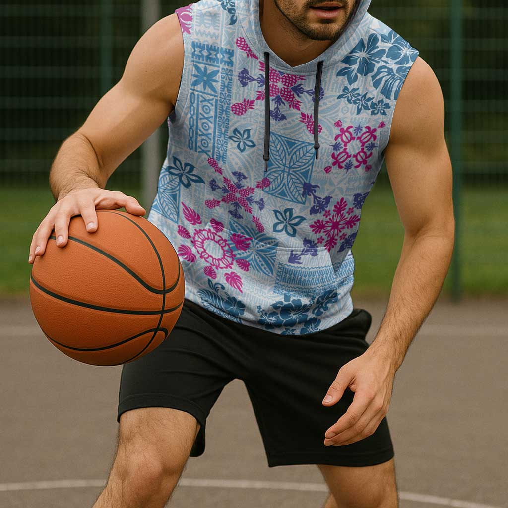 Hawaii Tapa Tribal Sleeveless Hoodie With Hawaiian Quilt Pattern Blue - Polynesian Pride