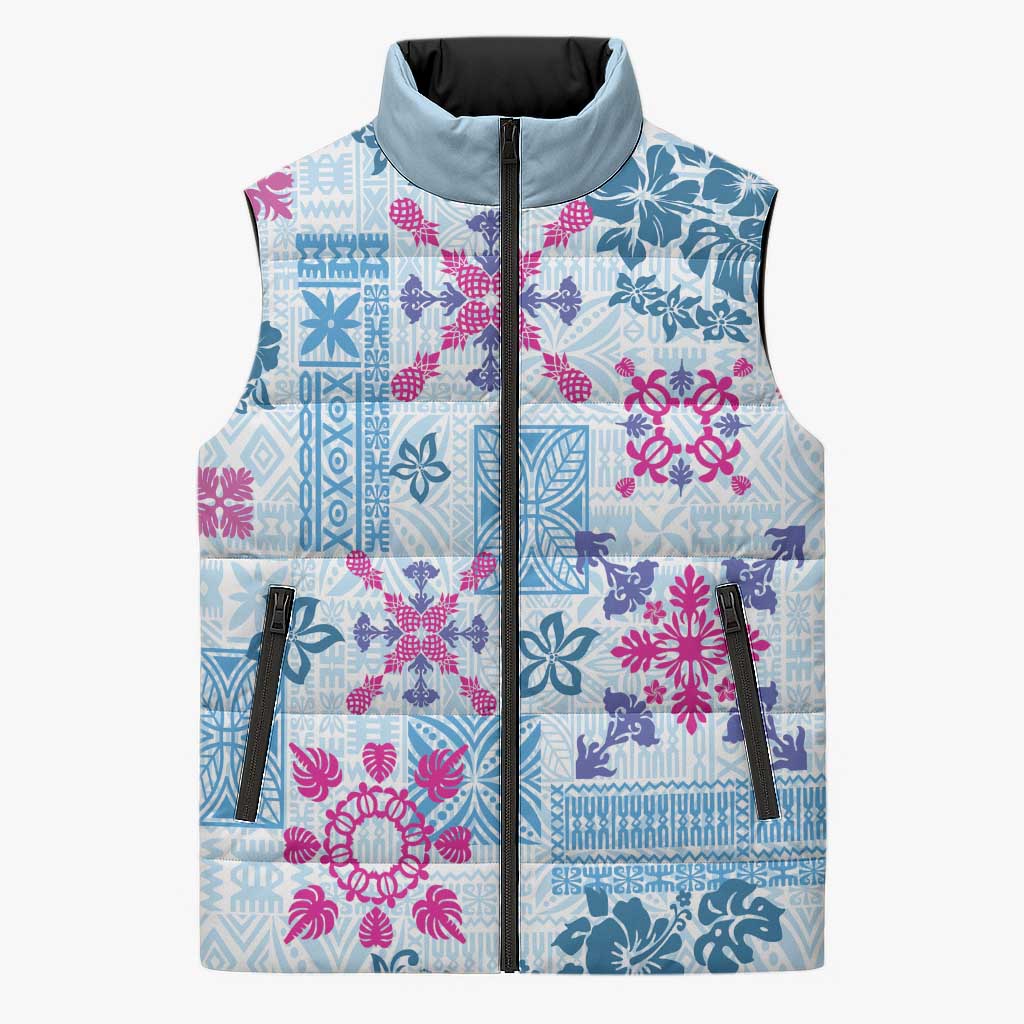 Hawaii Tapa Tribal Sleeveless Puffer Jacket With Hawaiian Quilt Pattern Blue - Polynesian Pride