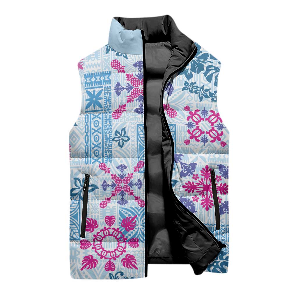Hawaii Tapa Tribal Sleeveless Puffer Jacket With Hawaiian Quilt Pattern Blue - Polynesian Pride