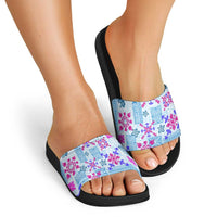 Hawaii Tapa Tribal Slide Sandals With Hawaiian Quilt Pattern Blue - Polynesian Pride