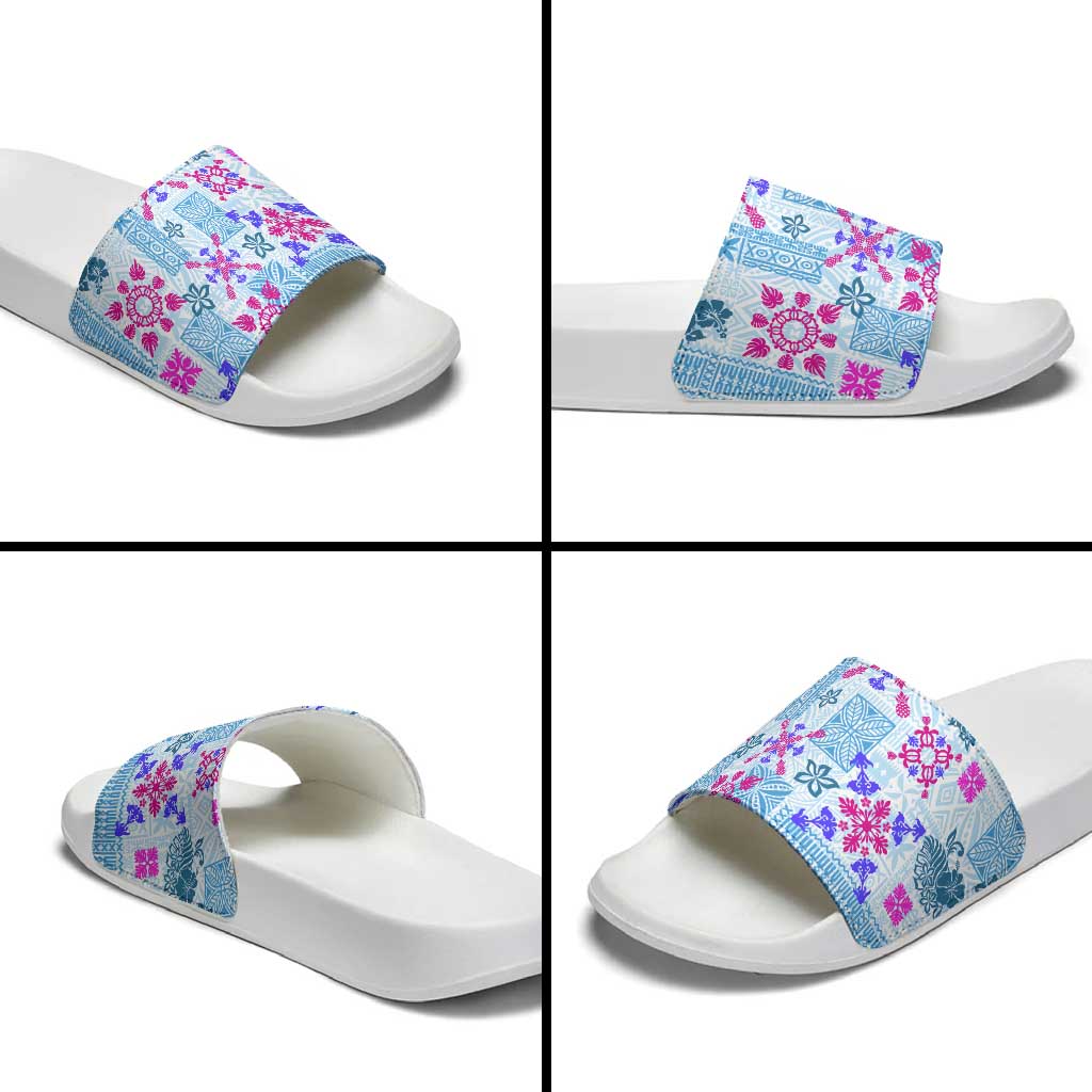 Hawaii Tapa Tribal Slide Sandals With Hawaiian Quilt Pattern Blue - Polynesian Pride