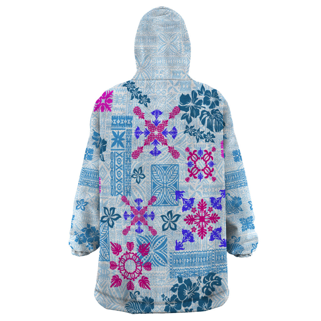Hawaii Tapa Tribal Wearable Blanket Hoodie With Hawaiian Quilt Pattern Blue LT9 - Polynesian Pride