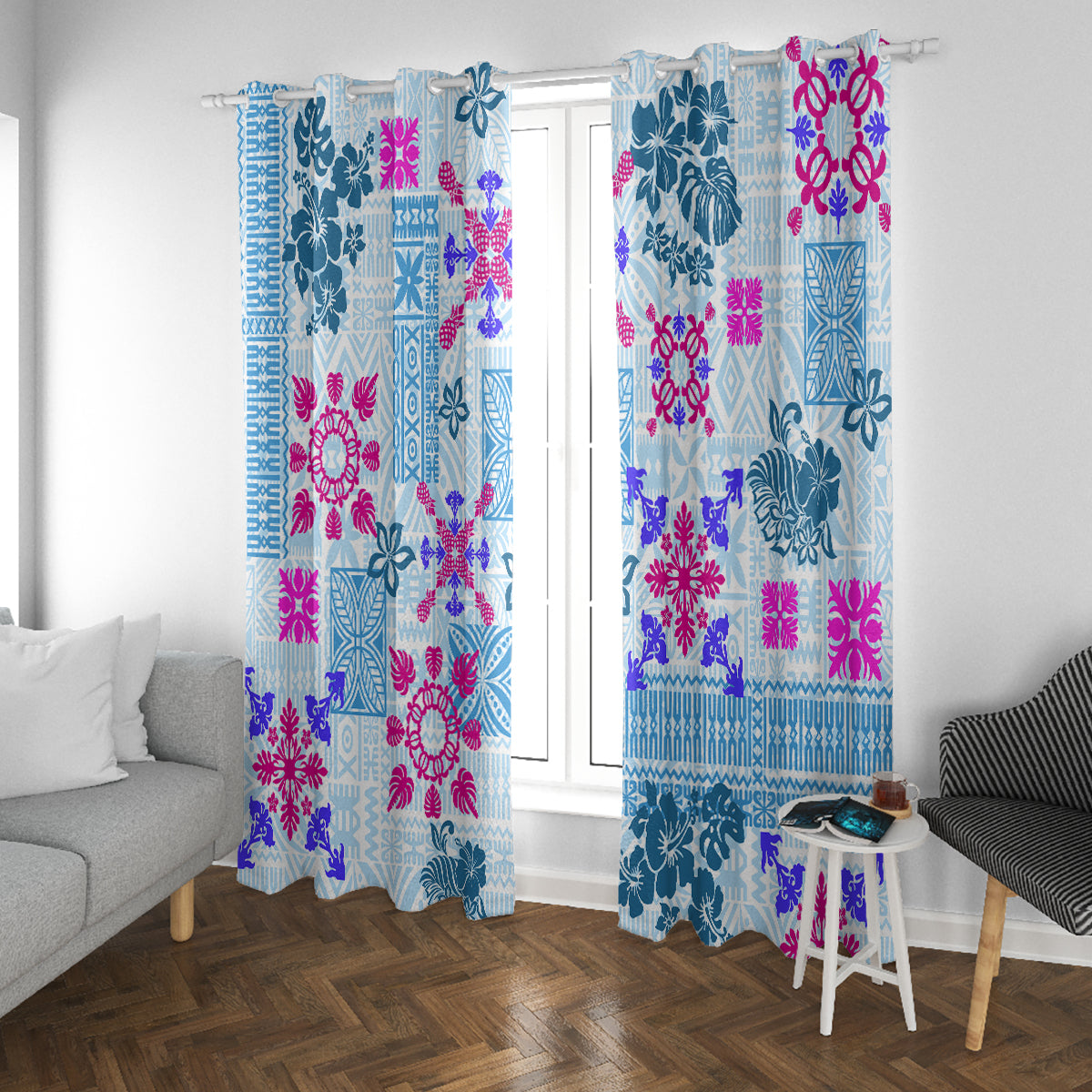 Hawaii Tapa Tribal Window Curtain With Hawaiian Quilt Pattern Blue LT9 With Grommets Blue - Polynesian Pride