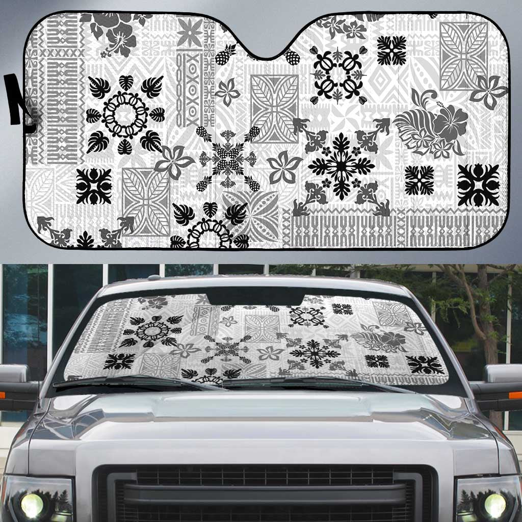 Hawaii Tapa Tribal Auto Sun Shade With Hawaiian Quilt Pattern Black - Polynesian Pride