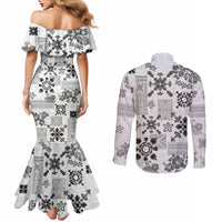 Hawaii Tapa Tribal Couples Matching Mermaid Dress and Long Sleeve Button Shirt With Hawaiian Quilt Pattern Black LT9 - Polynesian Pride
