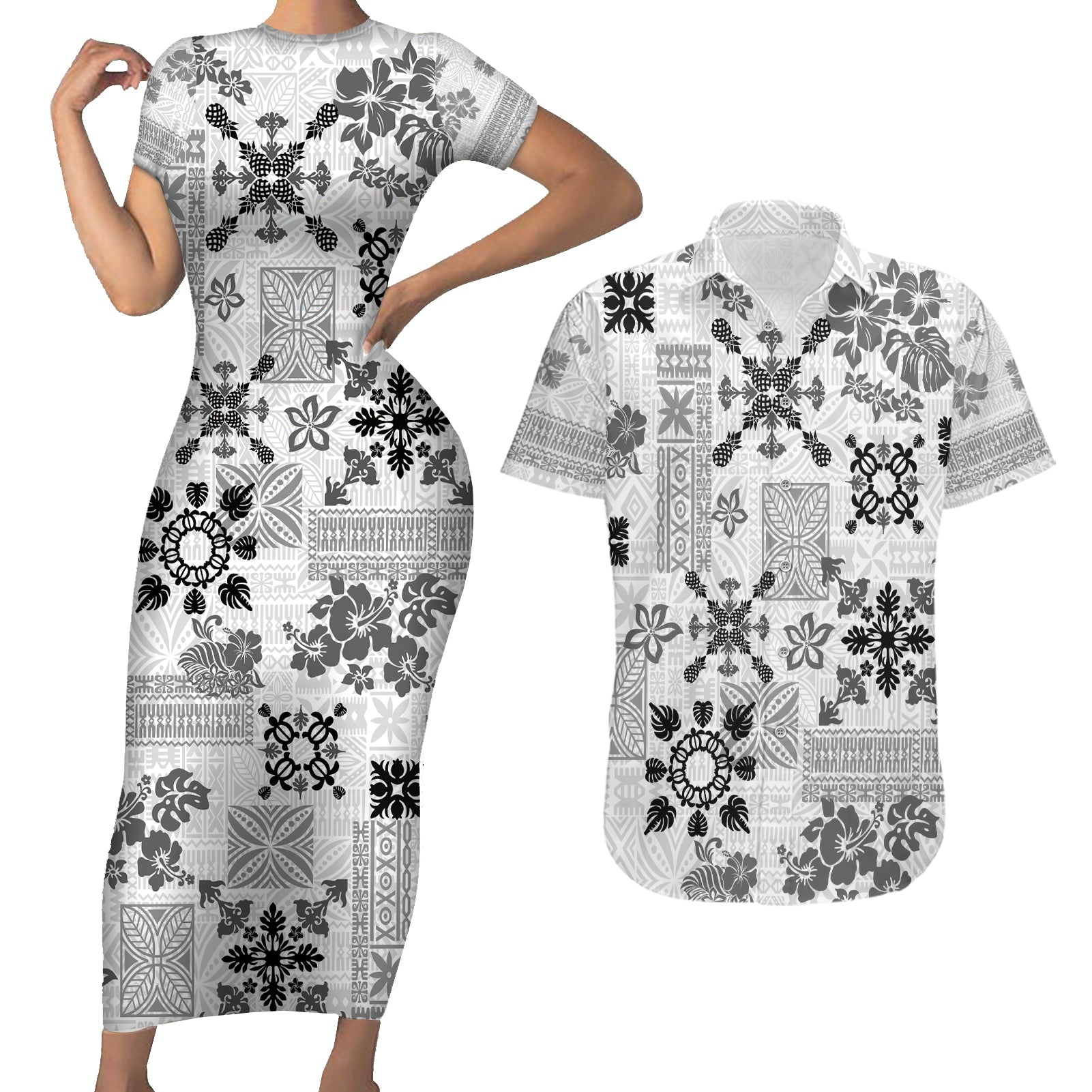 Hawaii Tapa Tribal Couples Matching Short Sleeve Bodycon Dress and Hawaiian Shirt With Hawaiian Quilt Pattern Black LT9 Black - Polynesian Pride