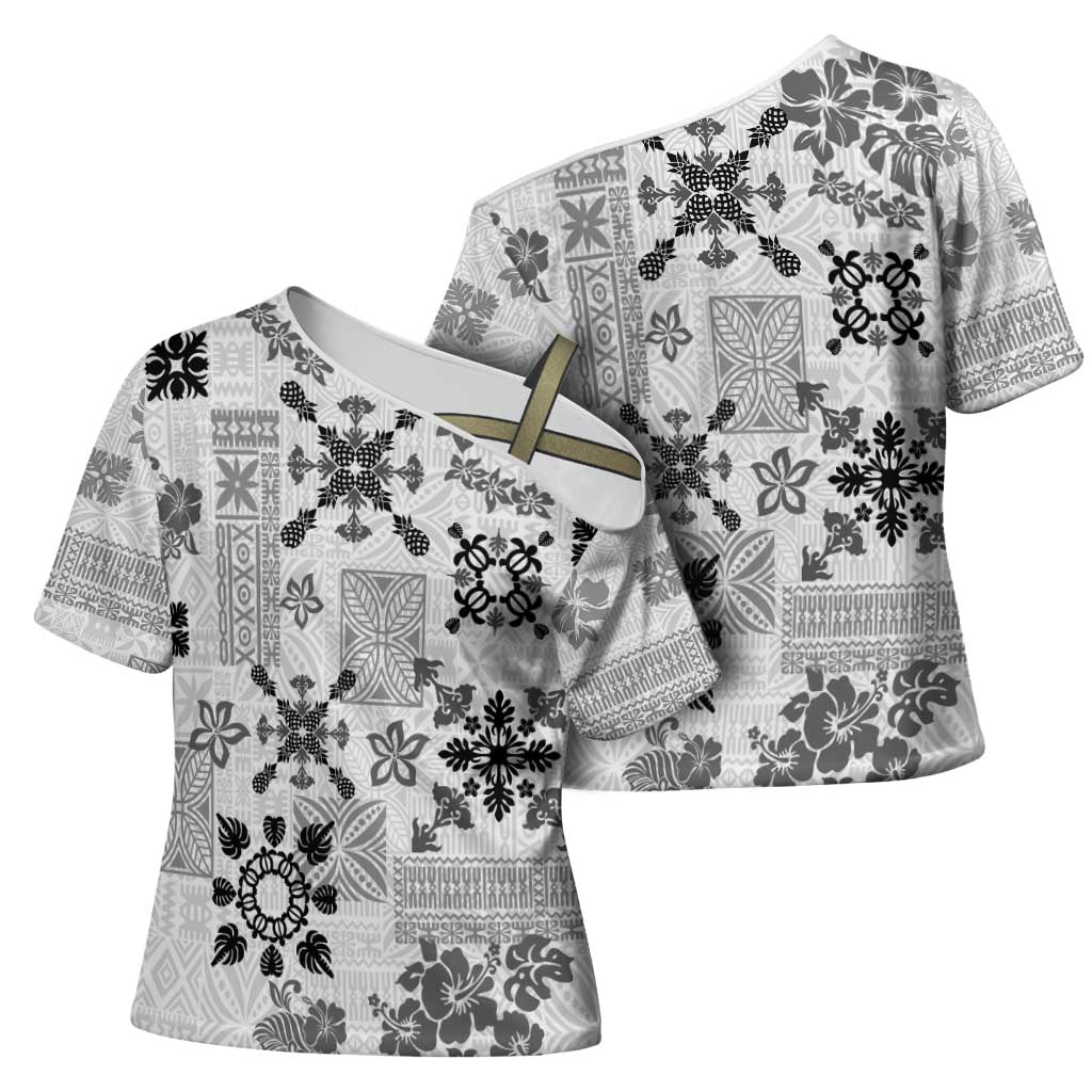 Hawaii Tapa Tribal Cross Shoulder Shirt With Hawaiian Quilt Pattern Black - Polynesian Pride