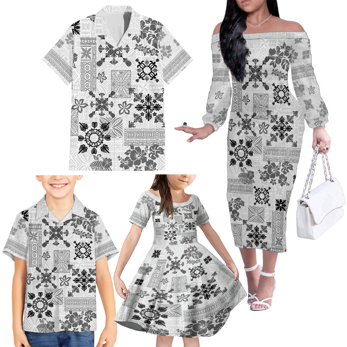 Hawaii Tapa Tribal Family Matching Off Shoulder Long Sleeve Dress and Hawaiian Shirt With Hawaiian Quilt Pattern Black LT9 - Polynesian Pride