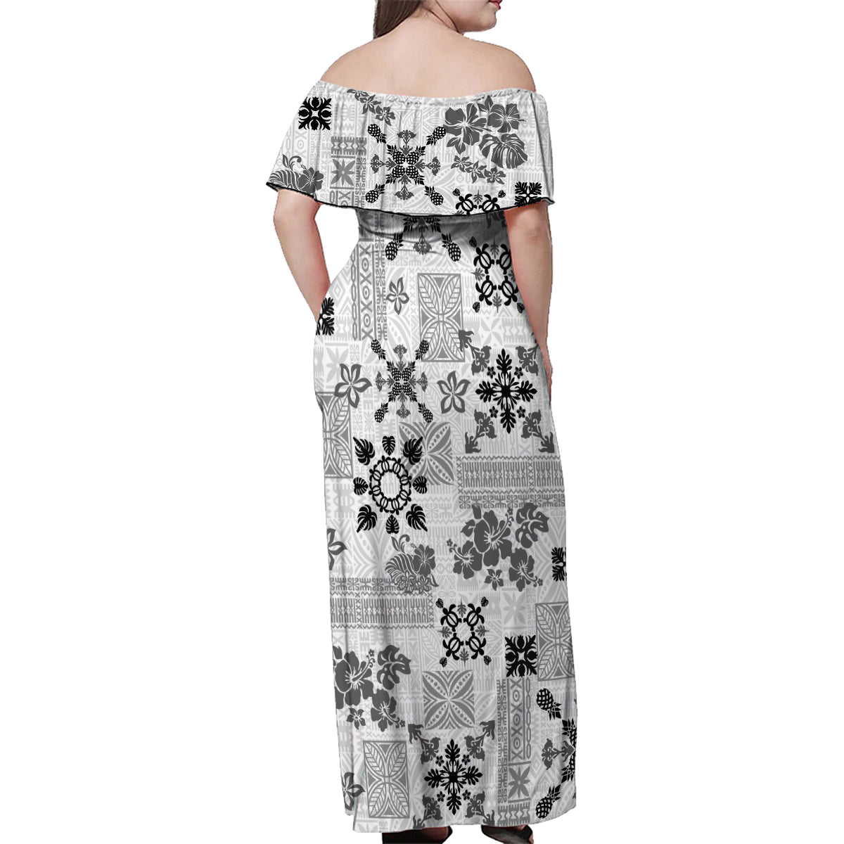 Hawaii Tapa Tribal Family Matching Off Shoulder Maxi Dress and Hawaiian Shirt With Hawaiian Quilt Pattern Black LT9 - Polynesian Pride