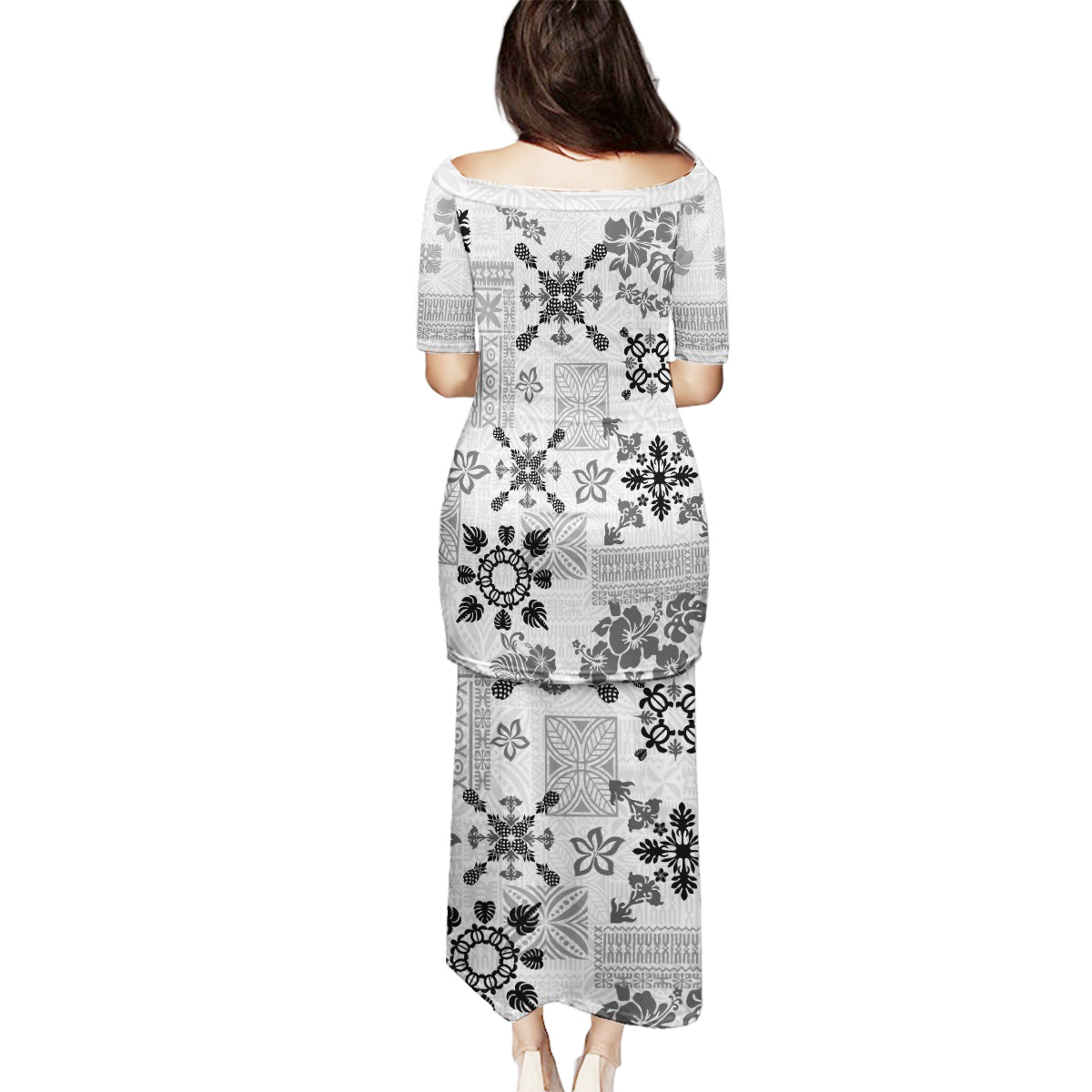 Hawaii Tapa Tribal Family Matching Puletasi Dress and Hawaiian Shirt With Hawaiian Quilt Pattern Black LT9 - Polynesian Pride