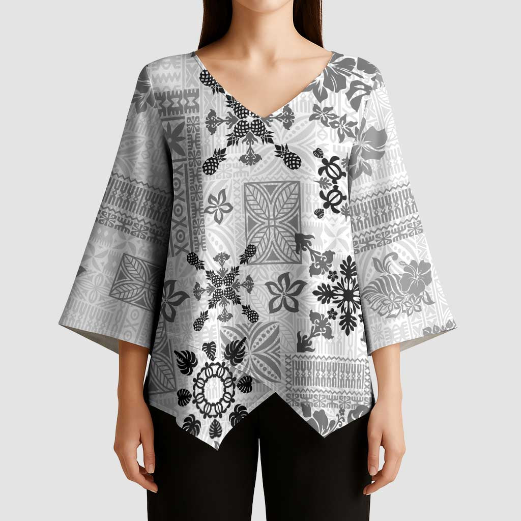 Hawaii Tapa Tribal Kimono Sleeve Blouse With Hawaiian Quilt Pattern Black - Polynesian Pride