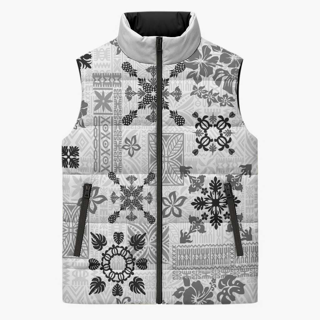 Hawaii Tapa Tribal Sleeveless Puffer Jacket With Hawaiian Quilt Pattern Black - Polynesian Pride
