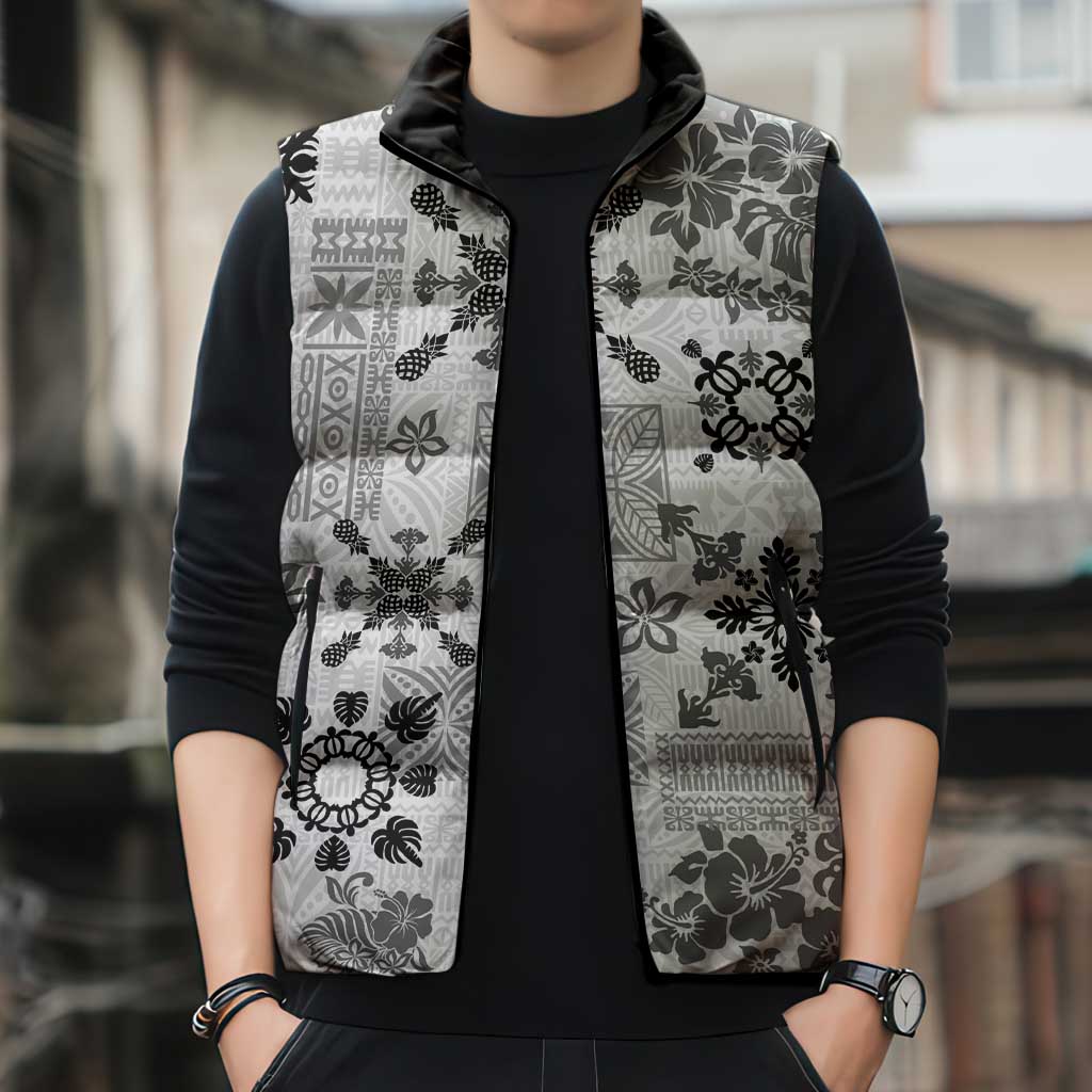 Hawaii Tapa Tribal Sleeveless Puffer Jacket With Hawaiian Quilt Pattern Black - Polynesian Pride