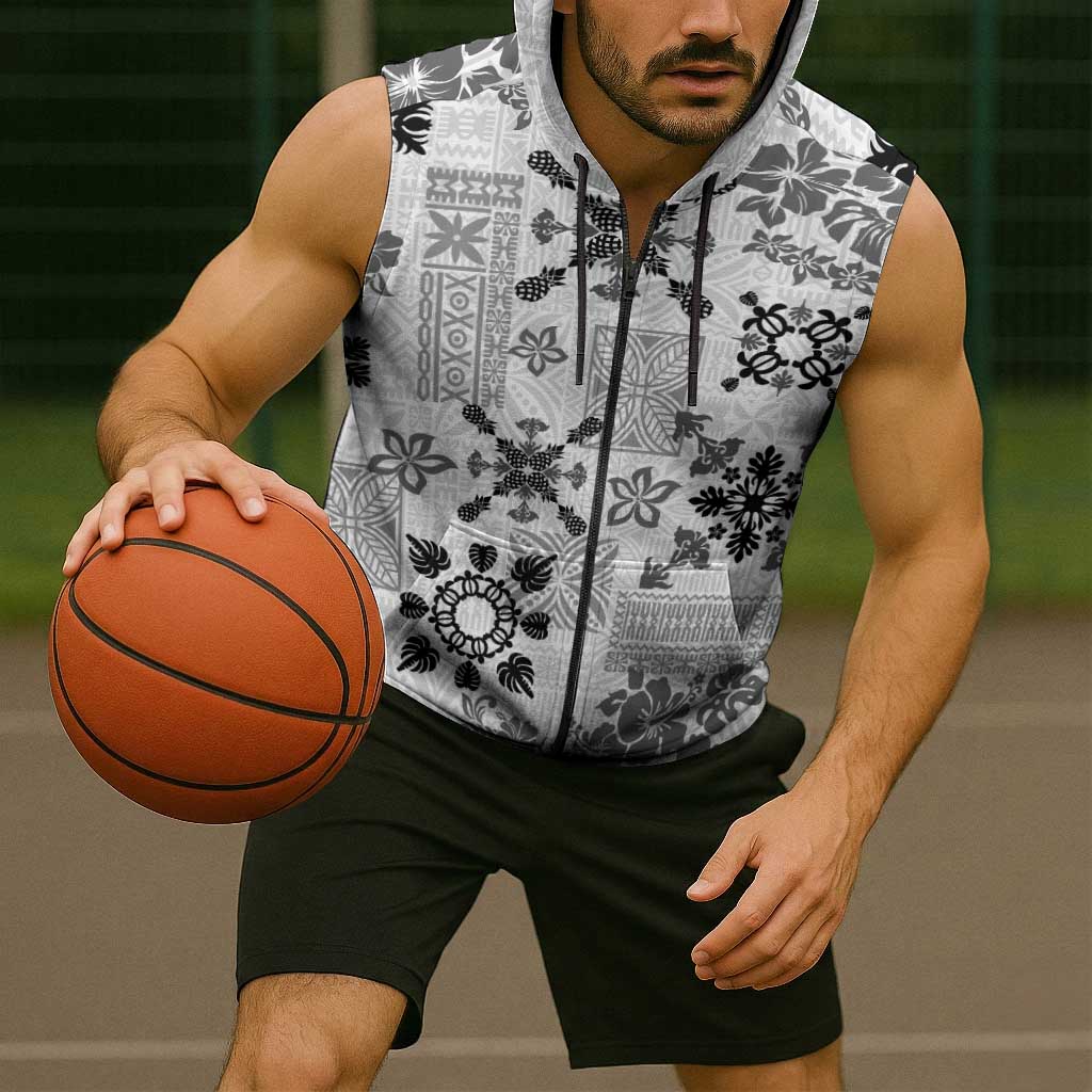 Hawaii Tapa Tribal Sleeveless Zip Hoodie With Hawaiian Quilt Pattern Black - Polynesian Pride