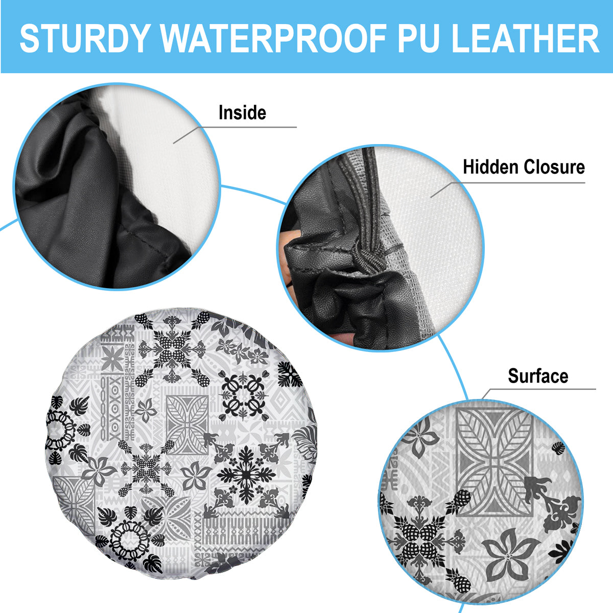 Hawaii Tapa Tribal Spare Tire Cover With Hawaiian Quilt Pattern Black LT9 - Polynesian Pride