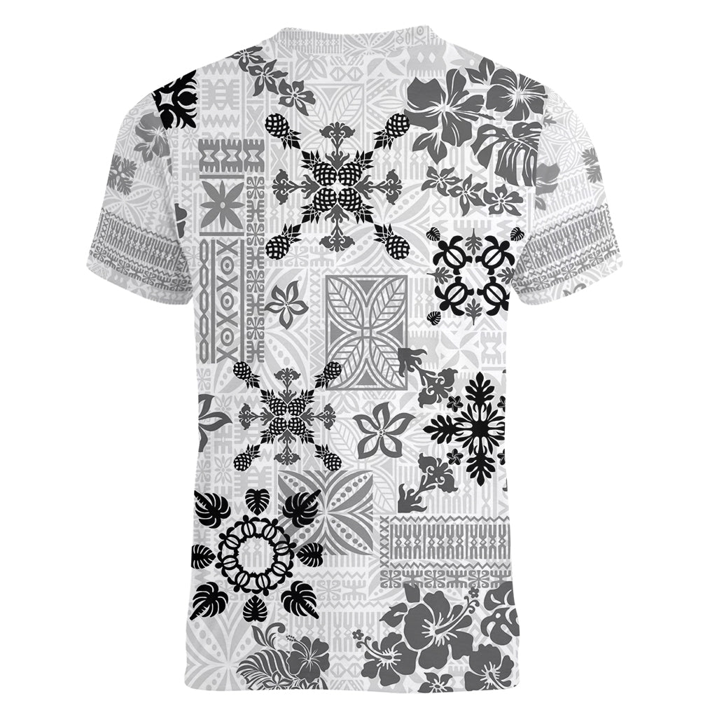 Hawaii Tapa Tribal Women V Neck T Shirt With Hawaiian Quilt Pattern Black LT9 - Polynesian Pride