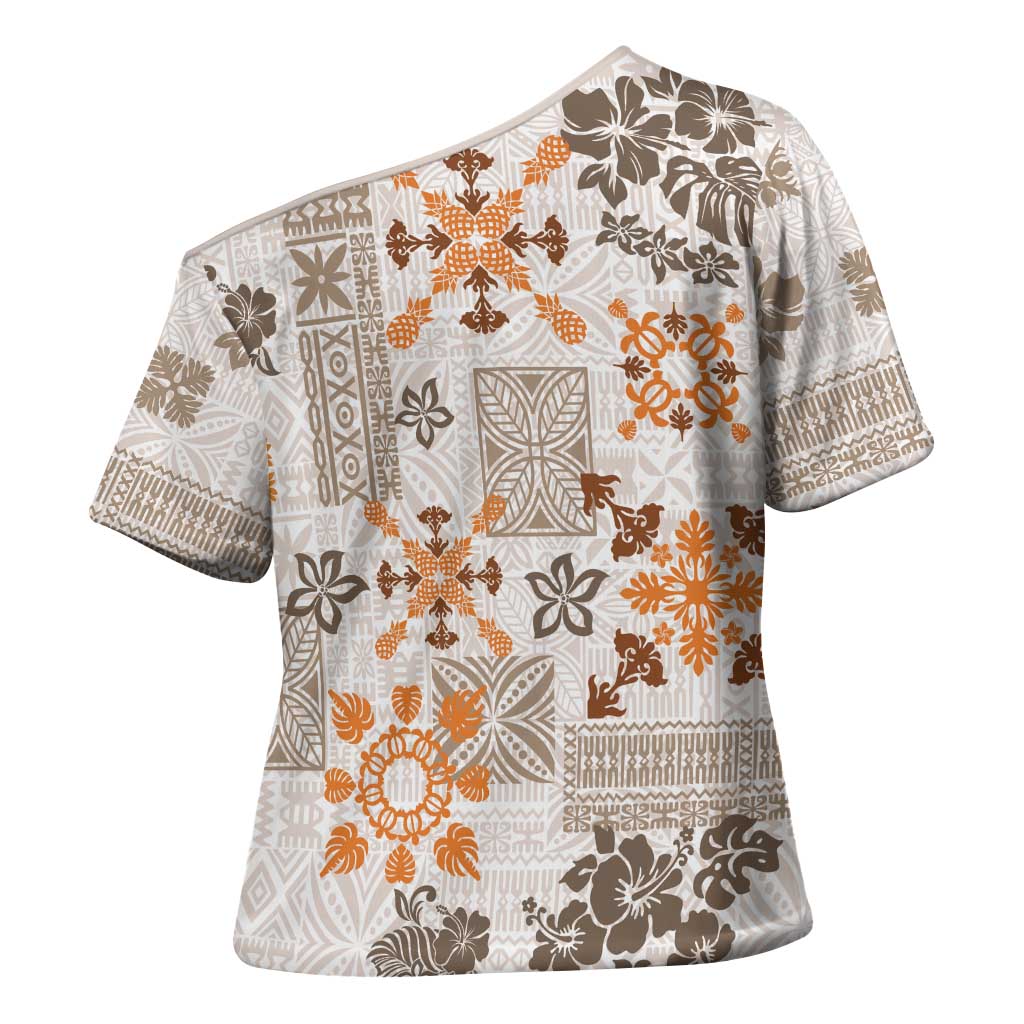 Hawaii Tapa Tribal Cross Shoulder Shirt With Hawaiian Quilt Pattern Gold - Polynesian Pride